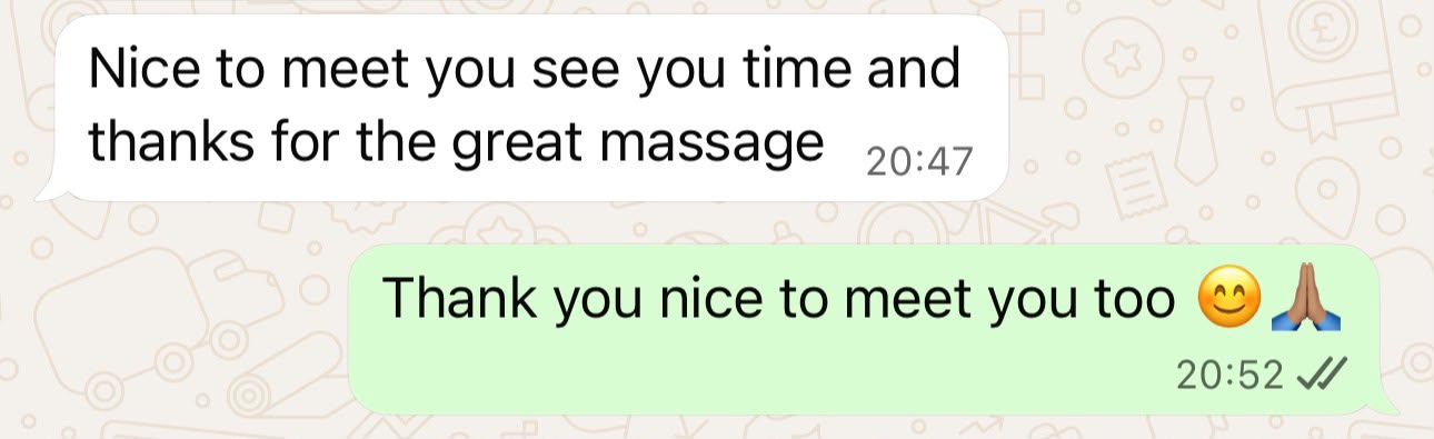 WhatsApp message from a private client thanking Larissa for a great massage.