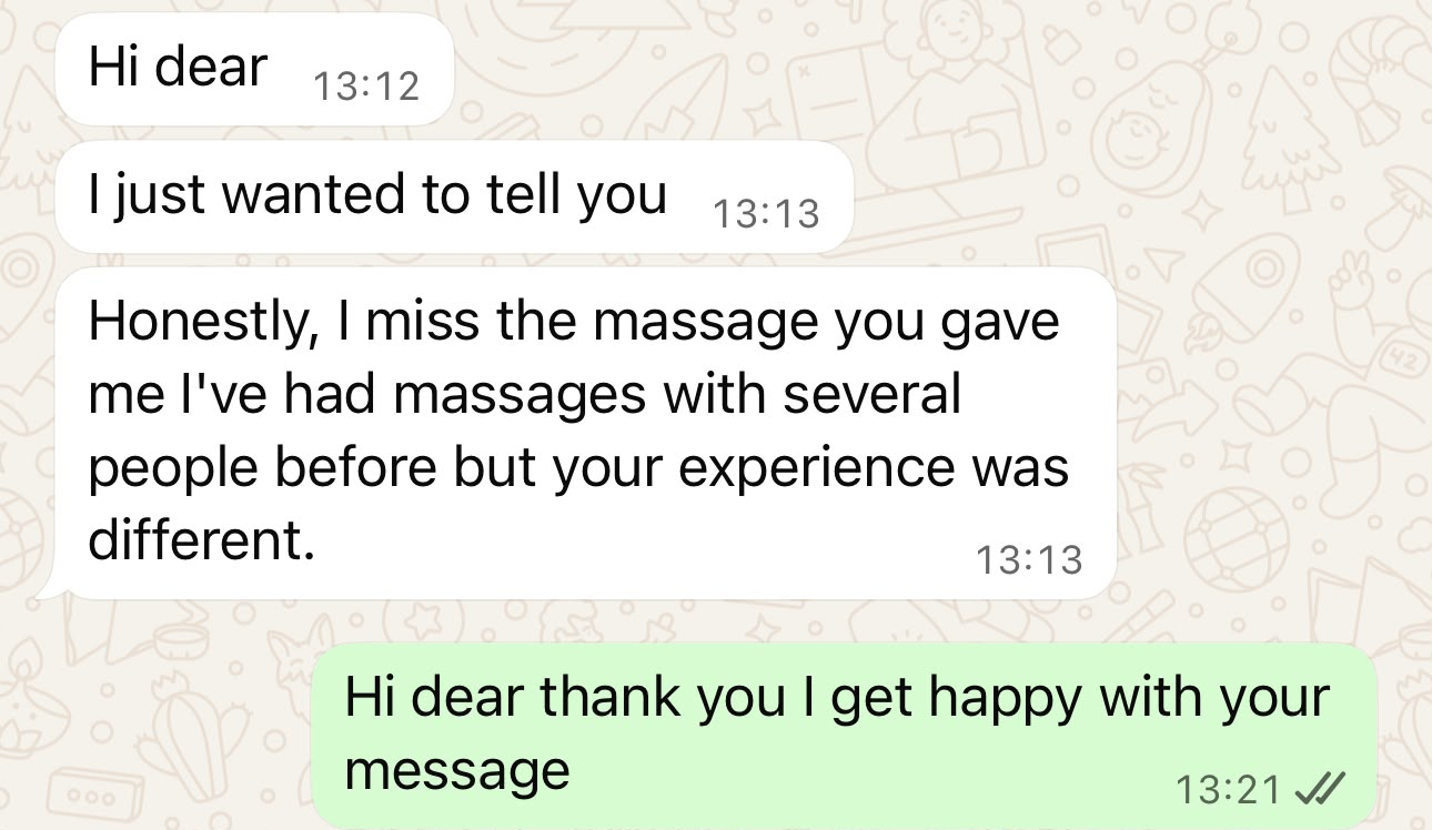 WhatsApp testimonial from a private client saying Larissa’s experience felt different from previous massages.